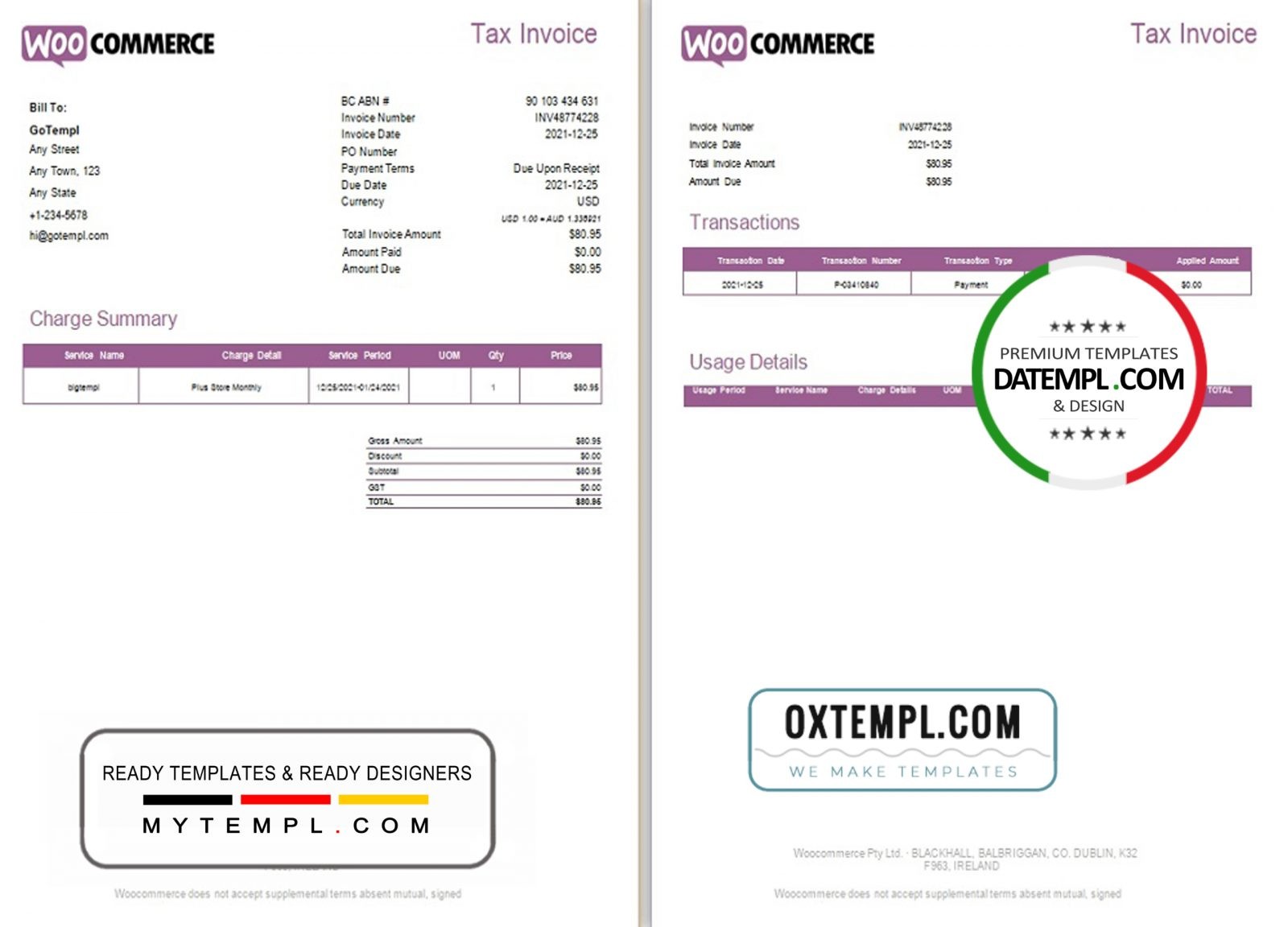 Irish WooCommerce tax invoice example in .doc and .pdf format, fully editable